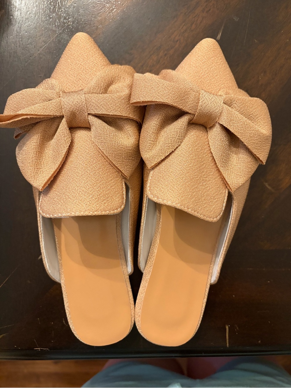 New Women's Bow Pointed Toe Slip-On Mules in Tan